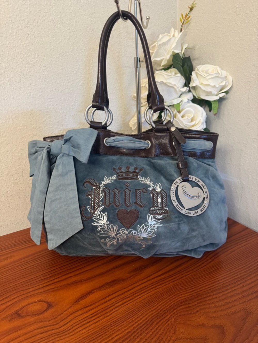 Vintage Juicy Couture Blue Suede Shoulder Bag with Brown Trim & Bow